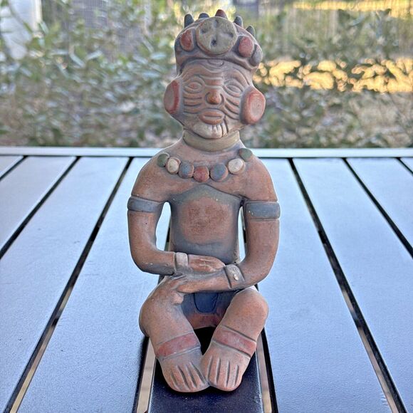 Vintage Aztec Mayan Style Terracotta Clay Painted Mexico Warrior Sitting 7.5” - Picture 2 of 6